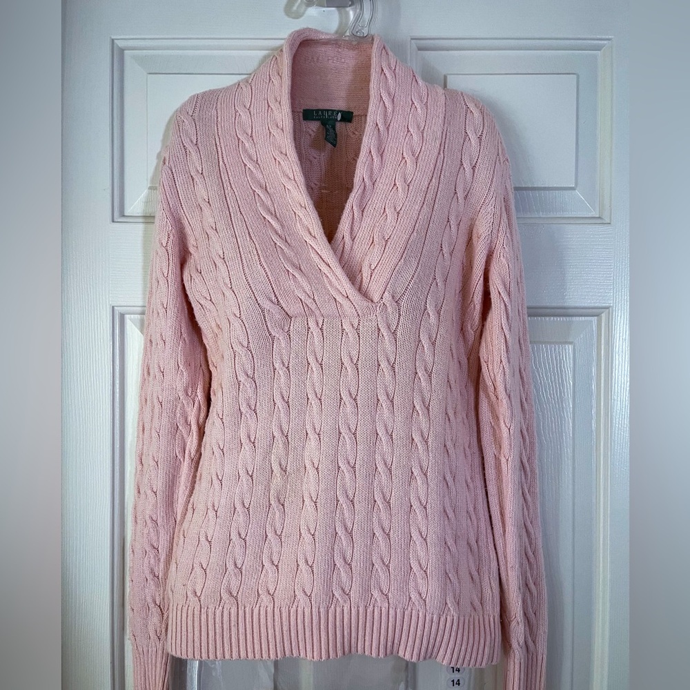 Lauren Ralph Lauren Light Pink V-Neck Cable Knit Sweater sz: Small Petite S/P